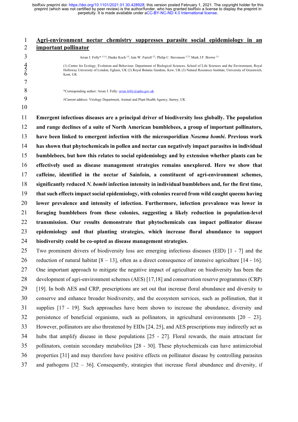 Agri-Environment Nectar Chemistry Suppresses Parasite Social Epidemiology in an 2 Important Pollinator