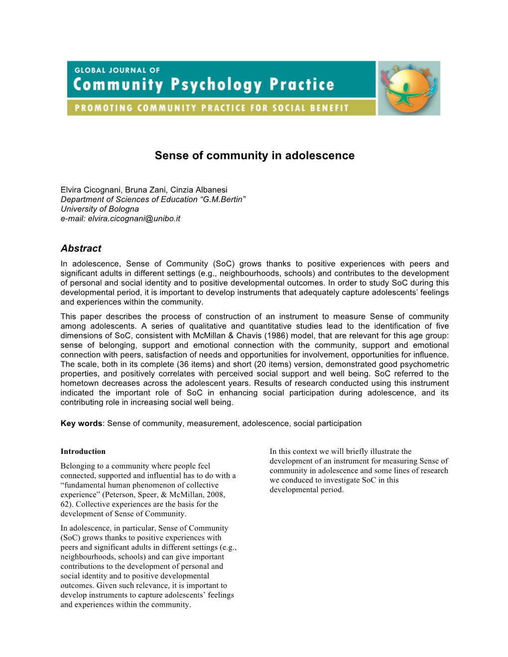 Sense of Community in Adolescence