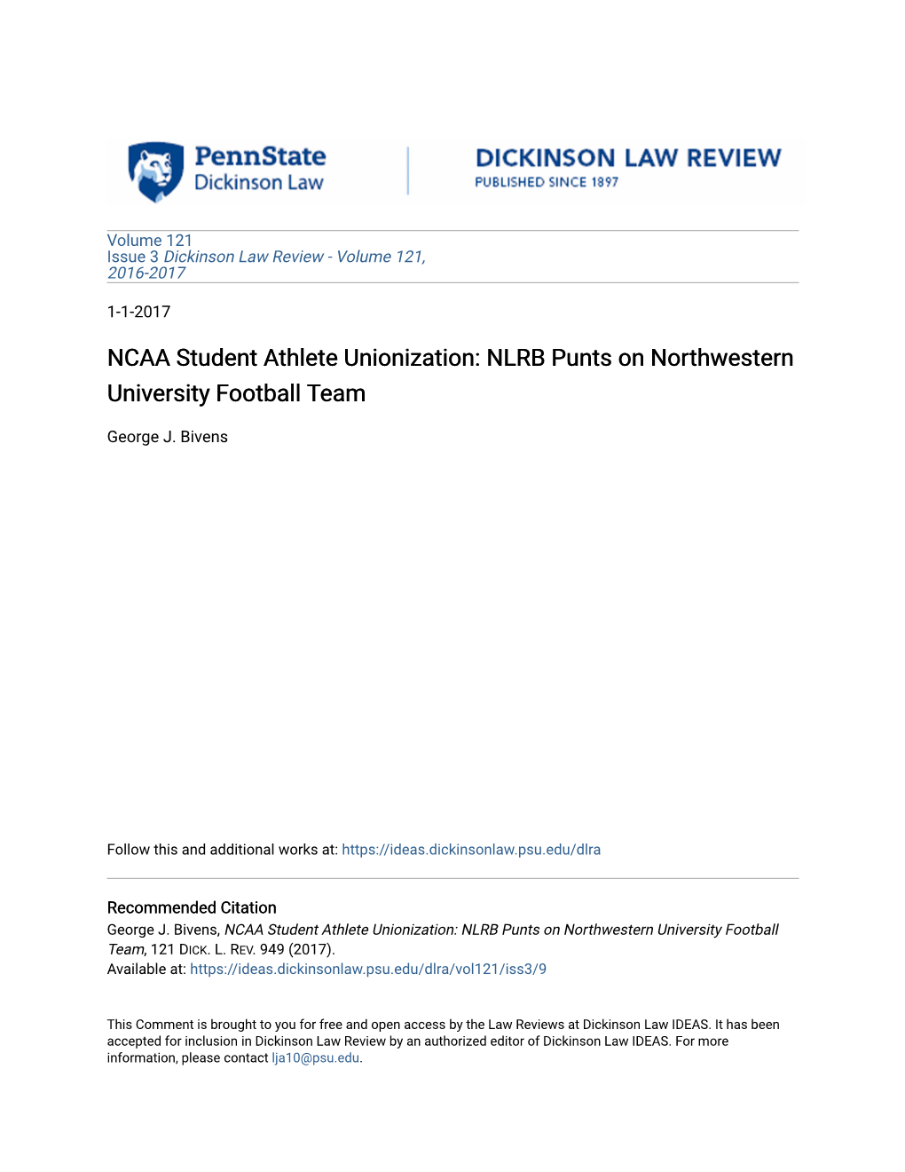NCAA Student Athlete Unionization: NLRB Punts on Northwestern University Football Team