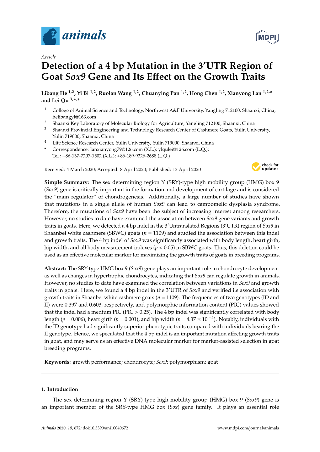 Detection of a 4 Bp Mutation in the 3'UTR Region of Goat Sox9 Gene