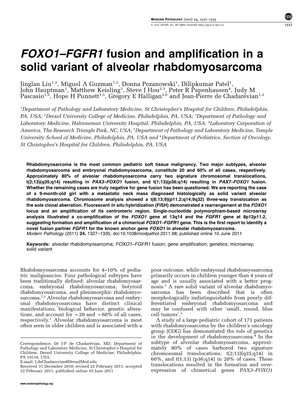 FGFR1 Fusion and Amplification in a Solid Variant of Alveolar Rhabdomyosarcoma