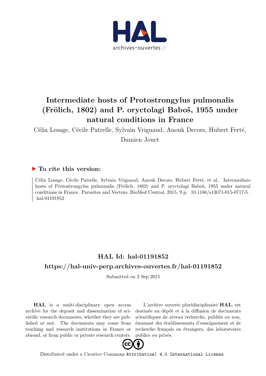 Intermediate Hosts of Protostrongylus Pulmonalis (Frölich, 1802) and P