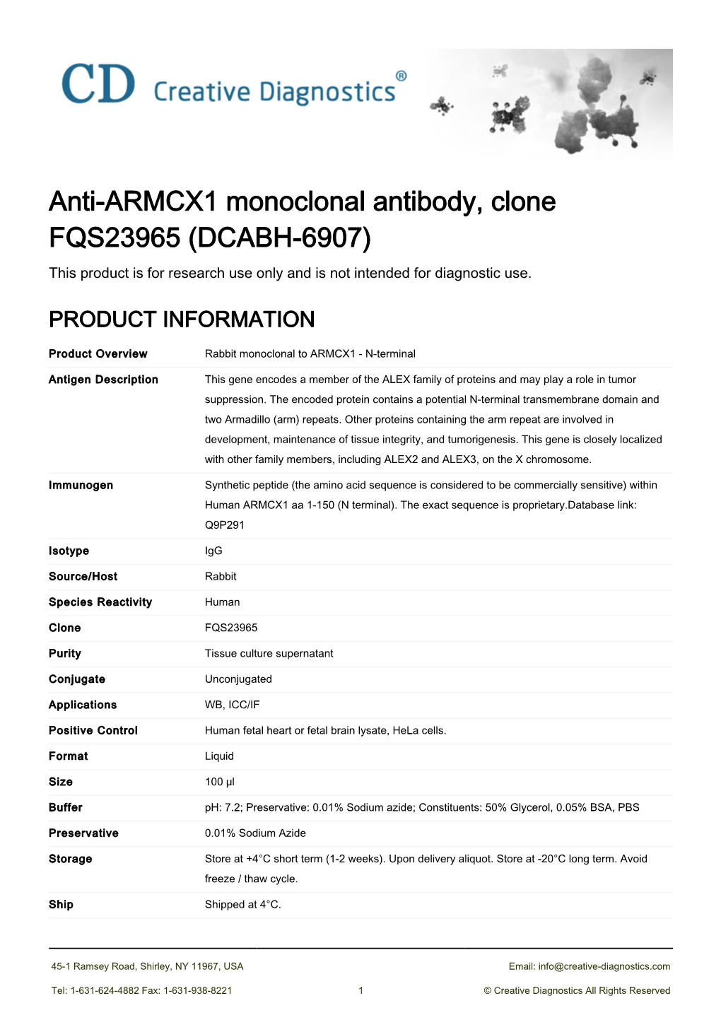 Anti-ARMCX1 Monoclonal Antibody, Clone FQS23965 (DCABH-6907) This Product Is for Research Use Only and Is Not Intended for Diagnostic Use