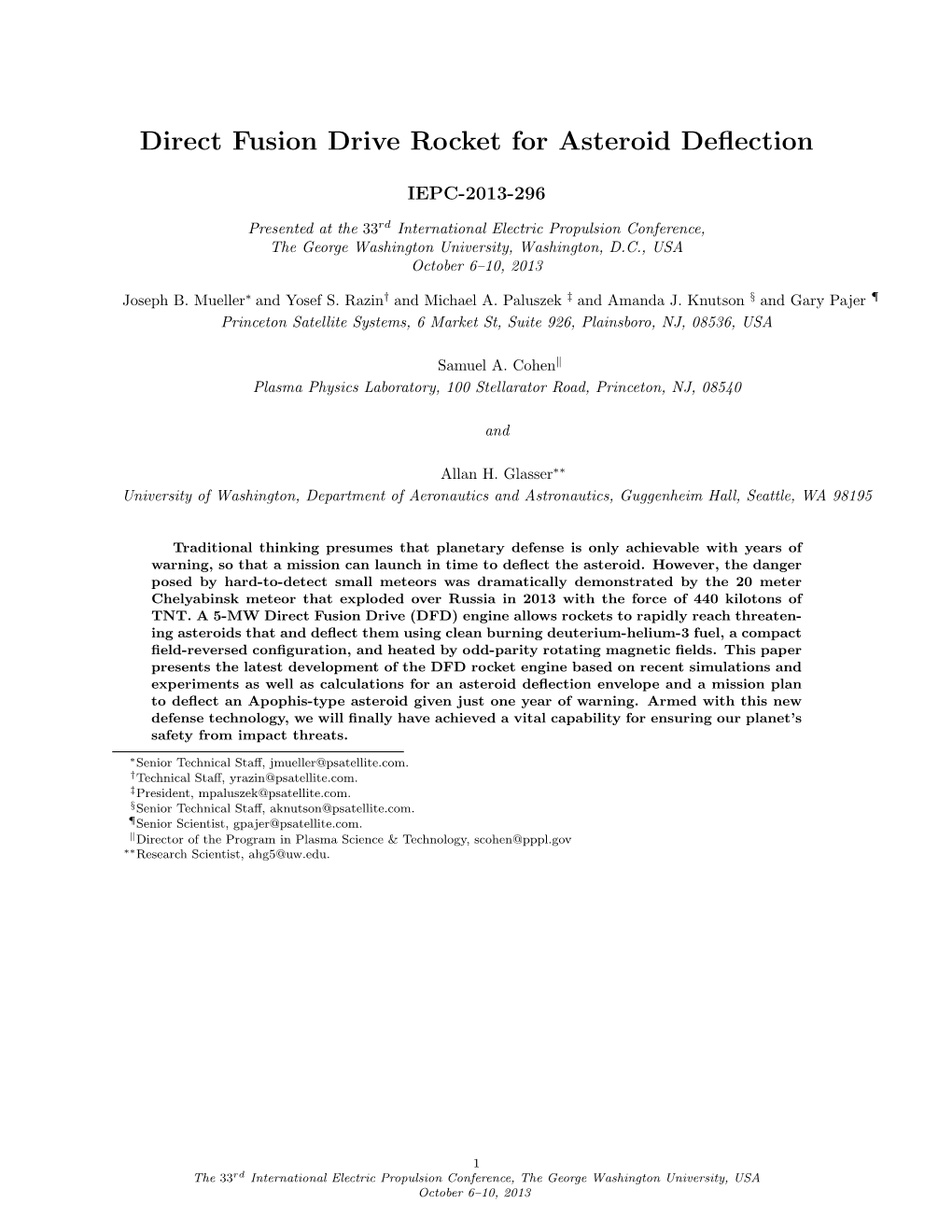 Direct Fusion Drive Rocket for Asteroid Deflection