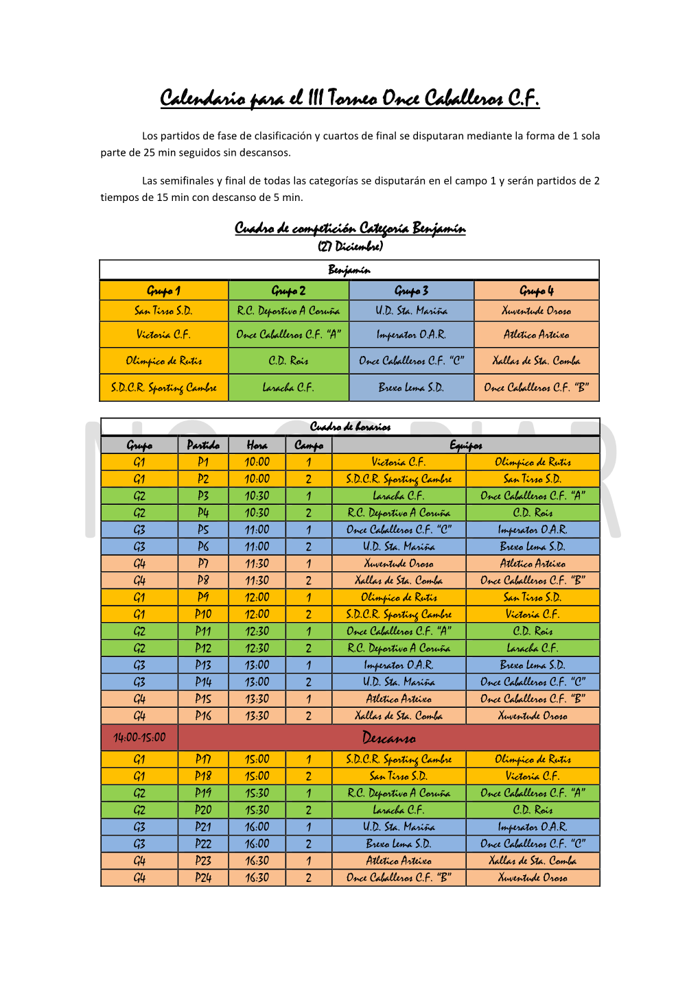 Calendario Para El III Torneo Once Caballeros C.F