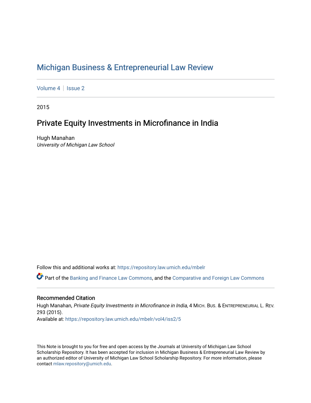 Private Equity Investments in Microfinance in India