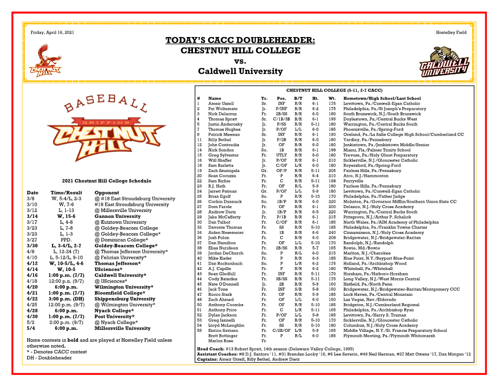 TODAY's CACC DOUBLEHEADER: CHESTNUT HILL COLLEGE Vs