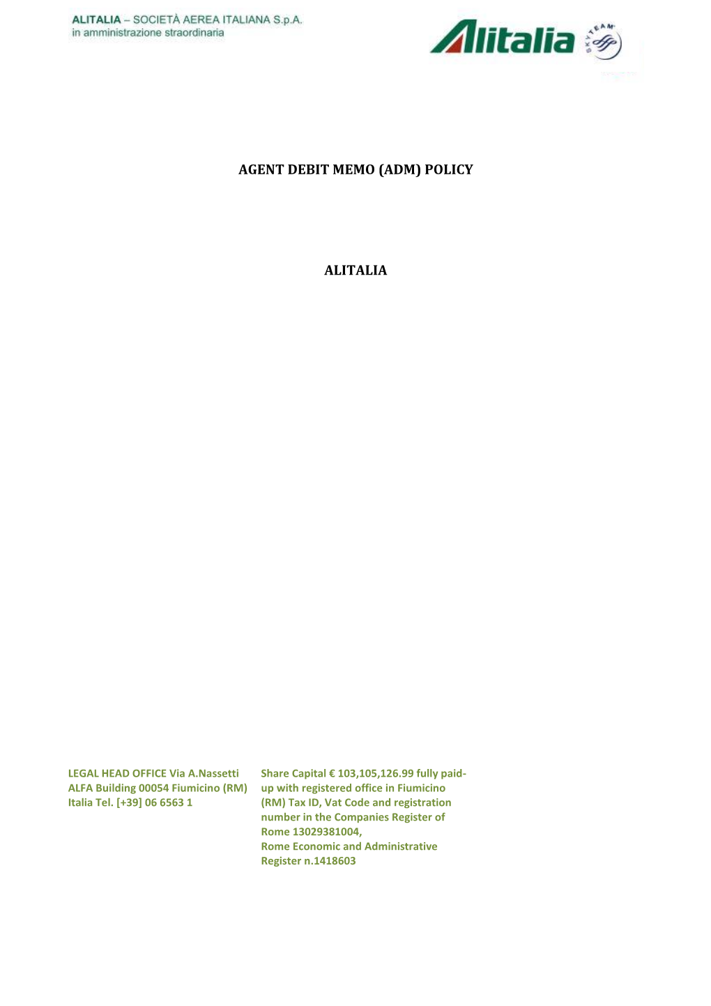 Agent Debit Memo (Adm) Policy Alitalia