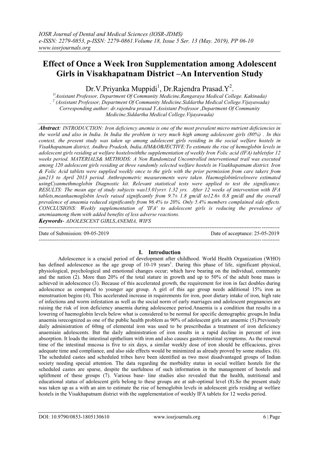 Effect of Once a Week Iron Supplementation Among Adolescent Girls in Visakhapatnam District –An Intervention Study