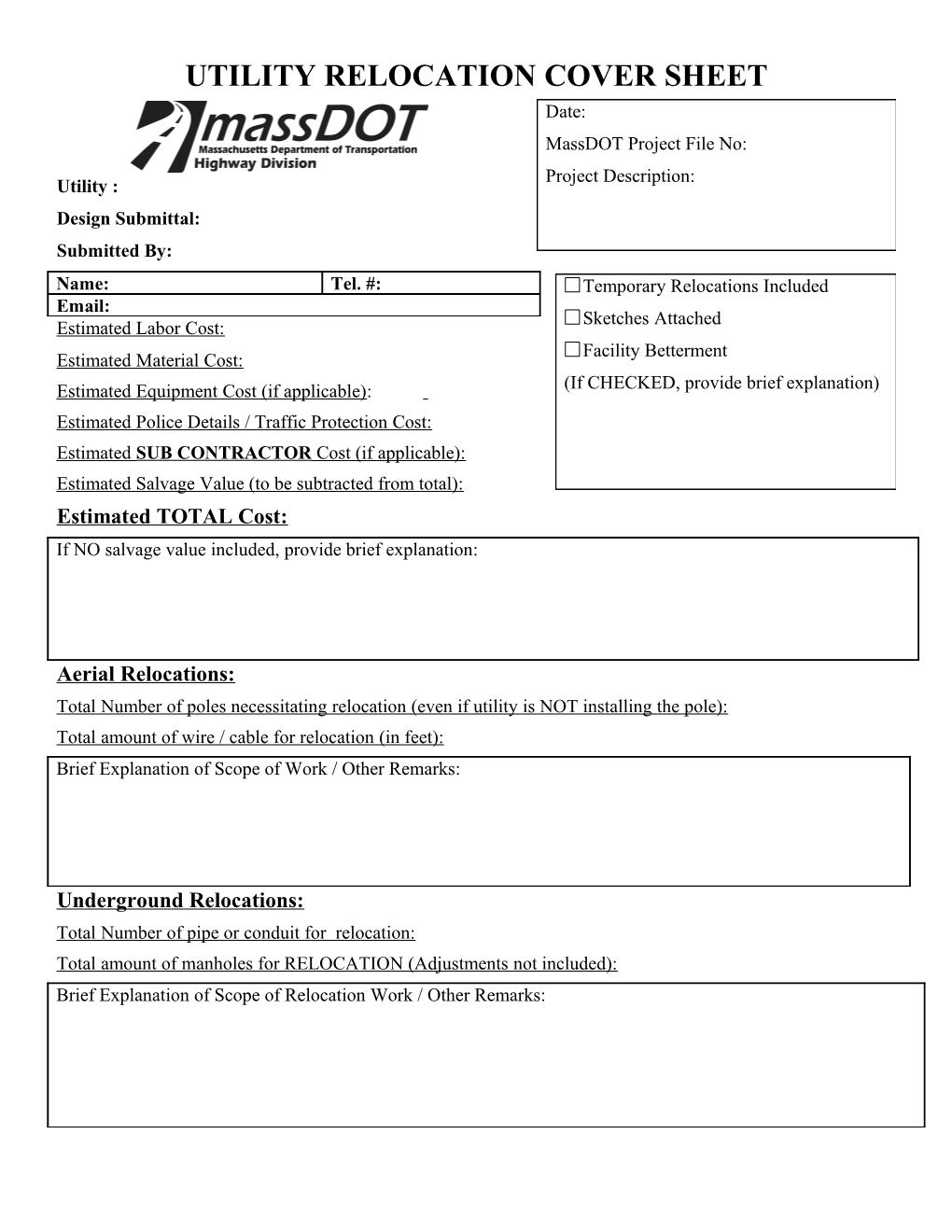 Utility Relocation Cover Sheet