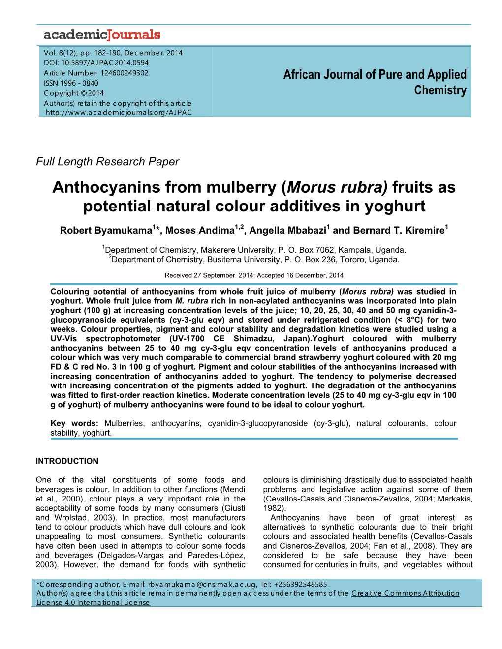 Anthocyanins from Mulberry (Morus Rubra) Fruits As Potential Natural Colour Additives in Yoghurt