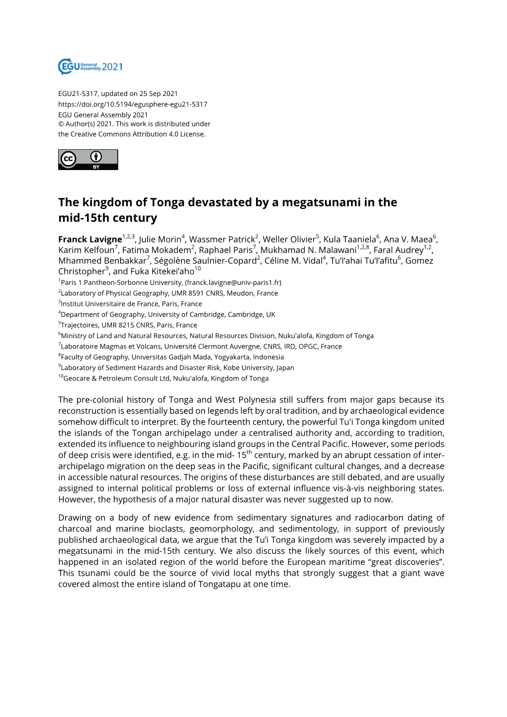 The Kingdom of Tonga Devastated by a Megatsunami in the Mid-15Th Century