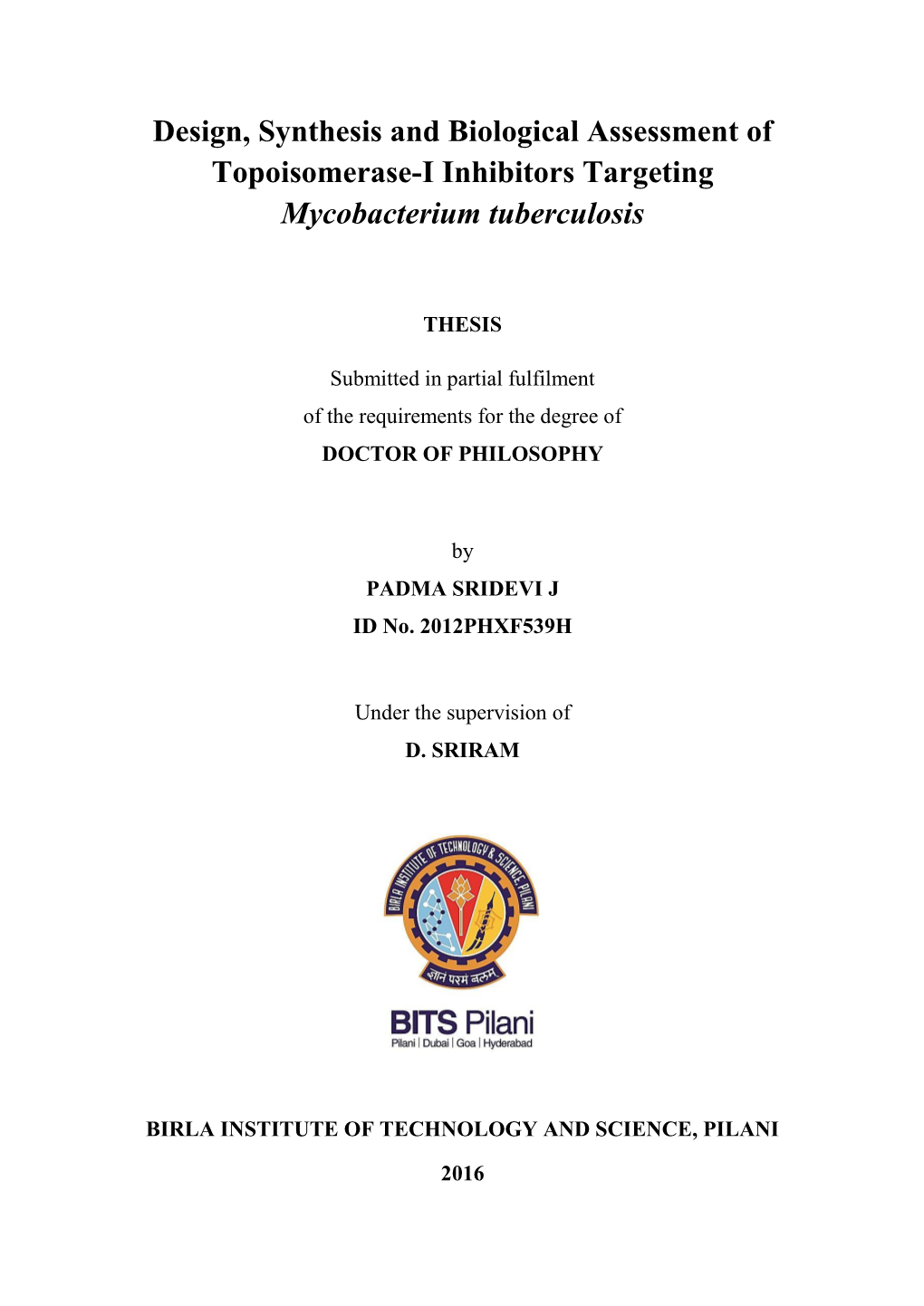 Design, Synthesis and Biological Assessment of Topoisomerase-I Inhibitors Targeting Mycobacterium Tuberculosis