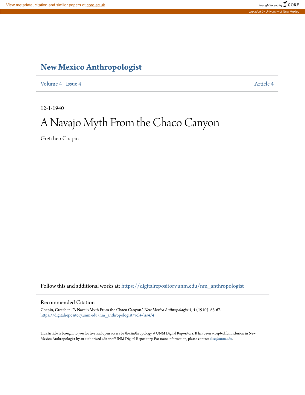 A Navajo Myth from the Chaco Canyon Gretchen Chapin
