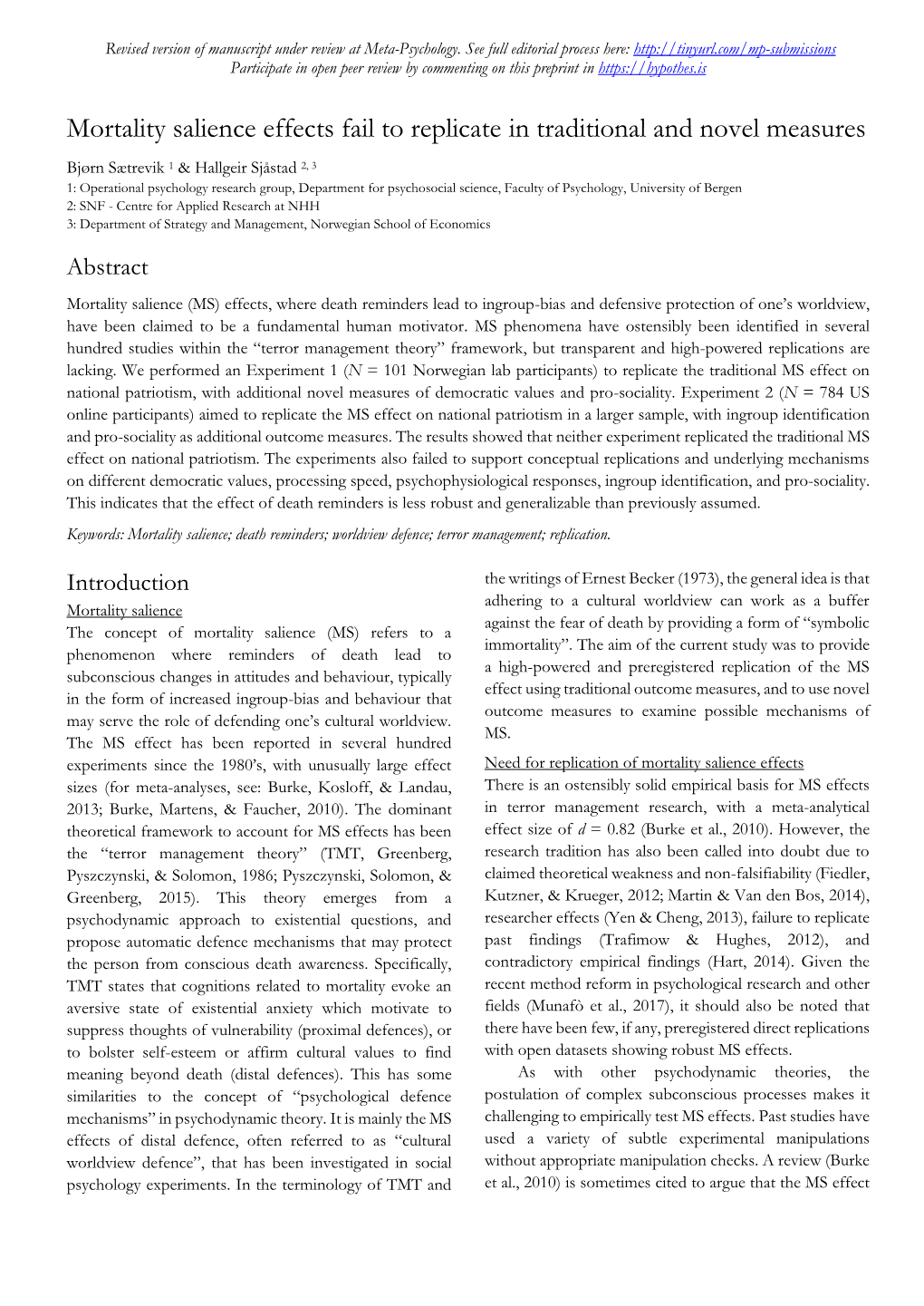 Mortality Salience Effects Fail to Replicate in Traditional and Novel Measures