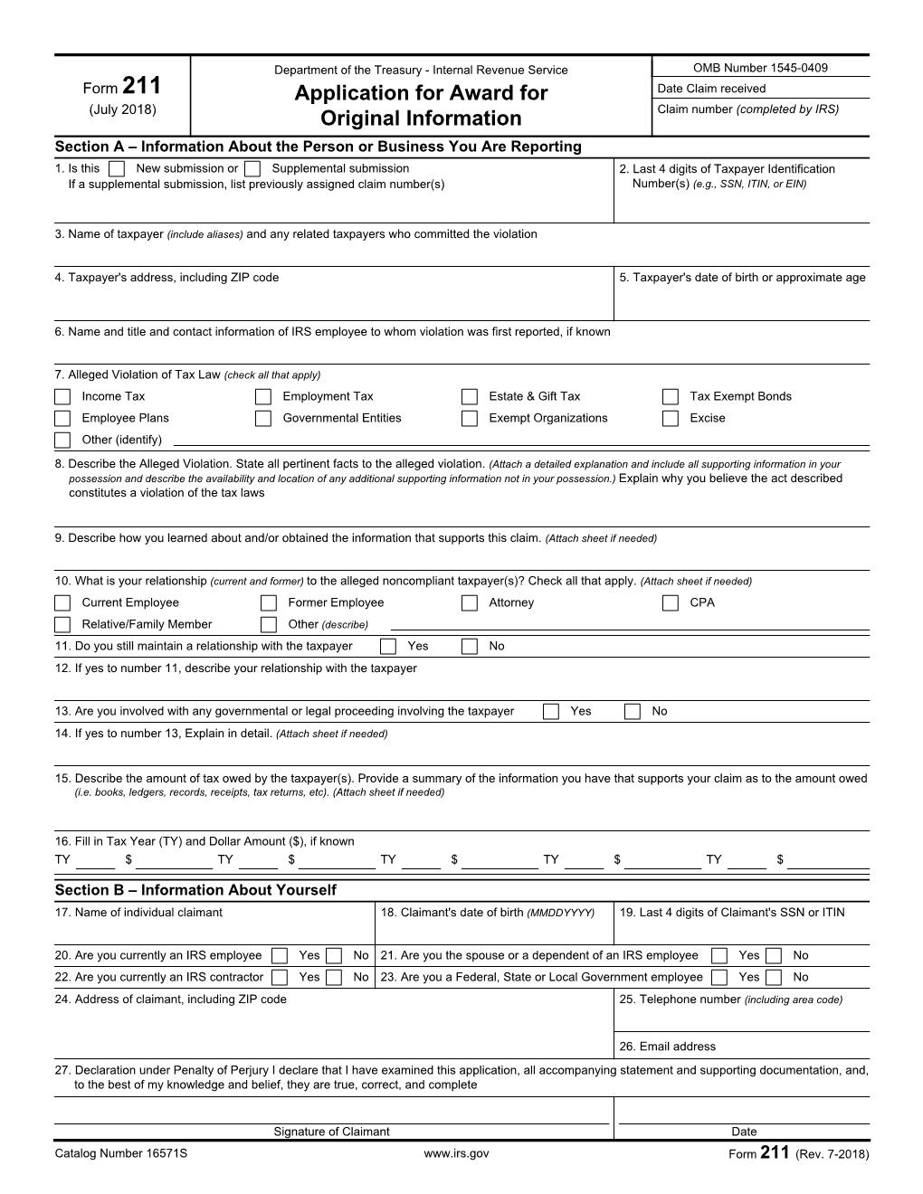 Form 211, Application for Award for Original Information