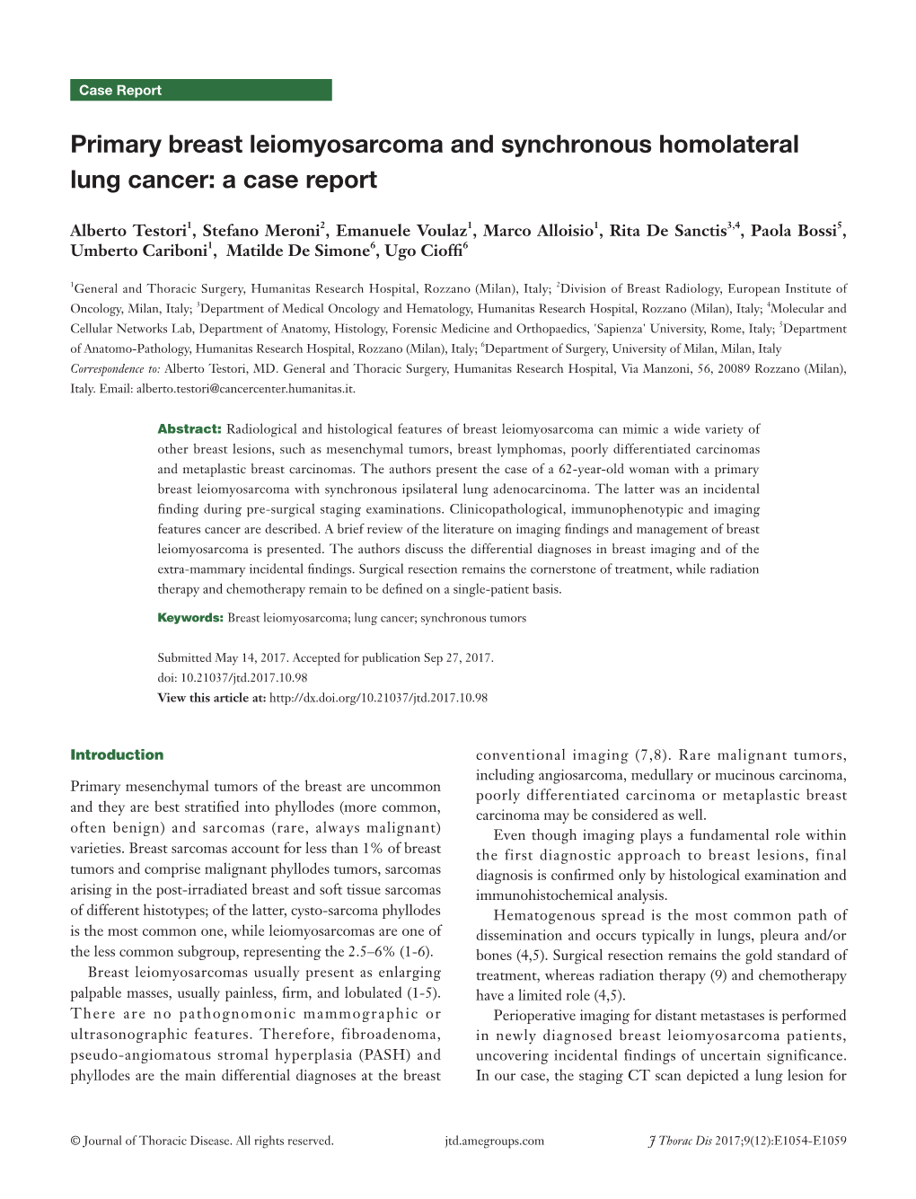 Primary Breast Leiomyosarcoma and Synchronous Homolateral Lung Cancer: a Case Report