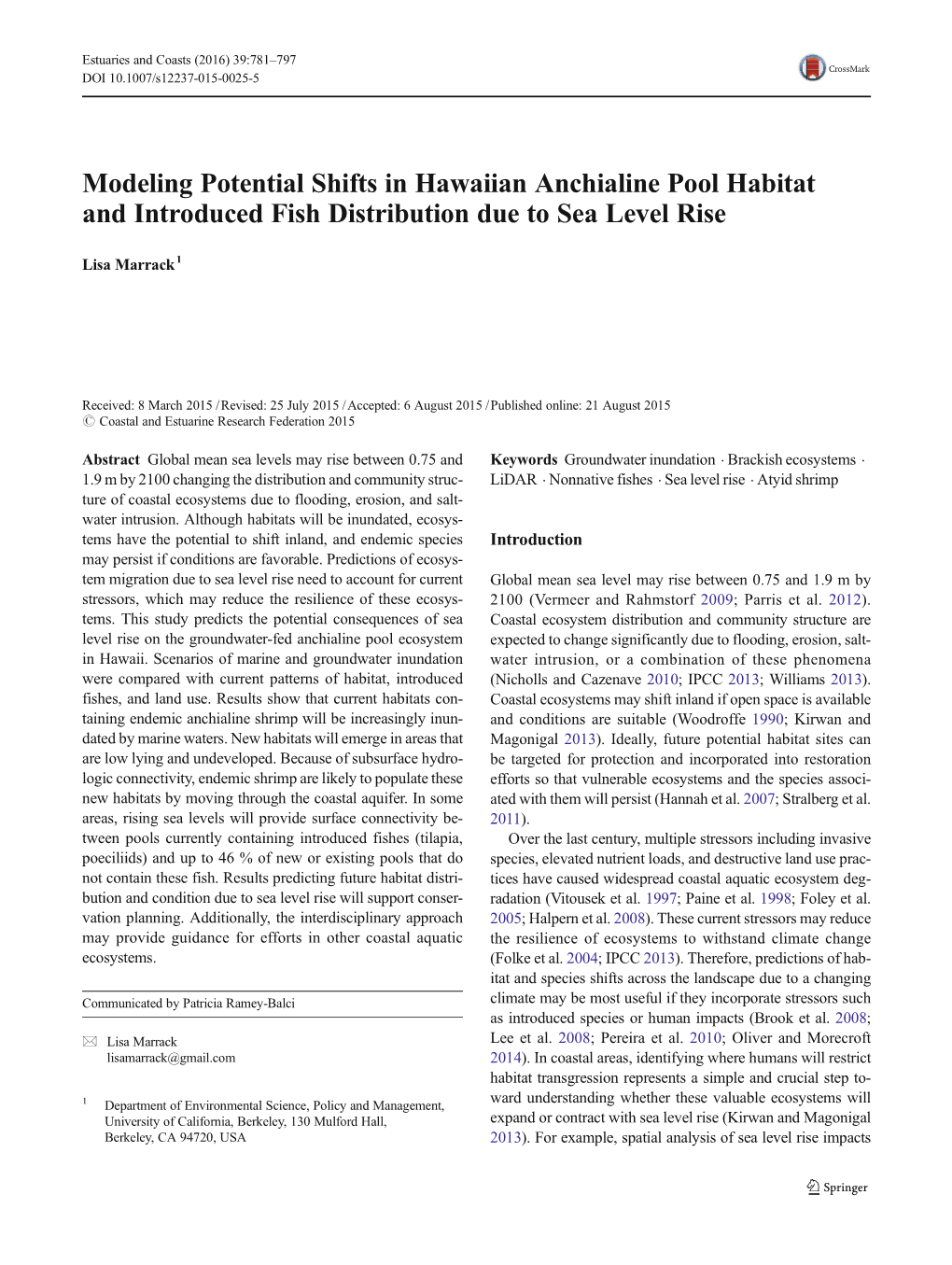 Modeling Shifts in Habitat Due to Sea Level Rise