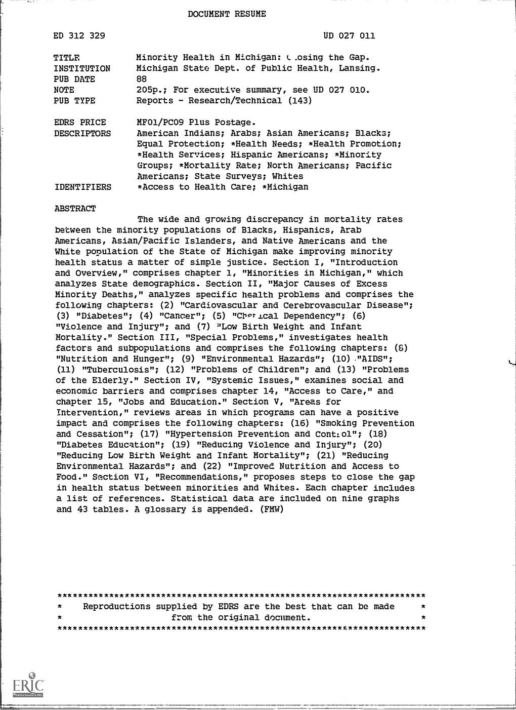 DOCUMENT RESUME ED 312 329 UD 027 011 TITLE Minority