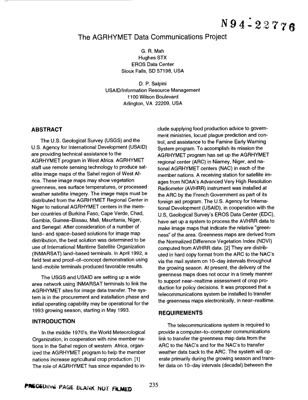 N94-22776 the AGRHYMET Data Communications Project