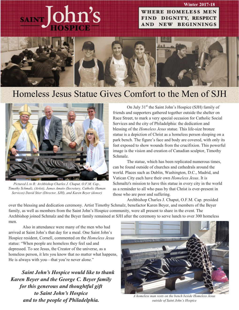 Homeless Jesus Statue Gives Comfort to the Men of SJH