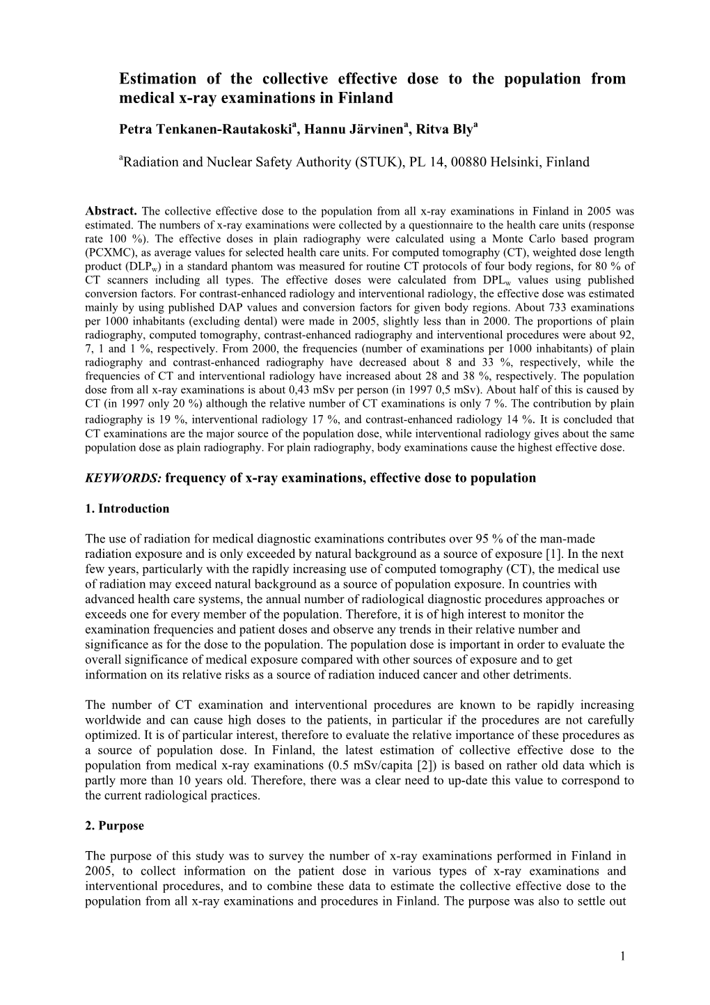 Estimation of the Collective Effective Dose to the Population from Medical X-Ray Examinations in Finland