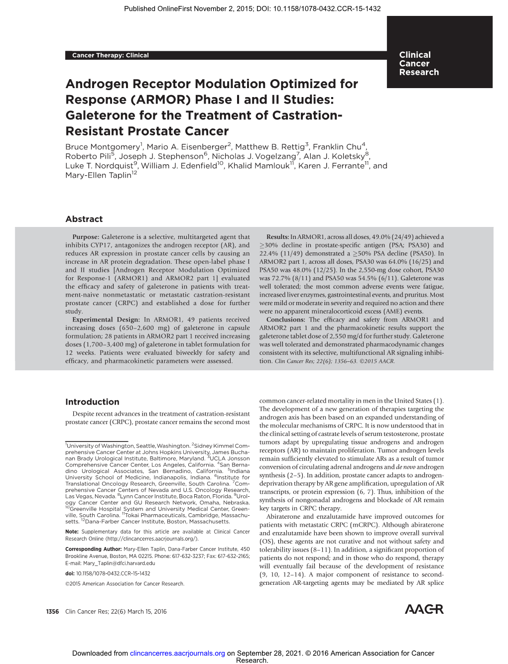 Galeterone for the Treatment of Castration- Resistant Prostate Cancer Bruce Montgomery1, Mario A