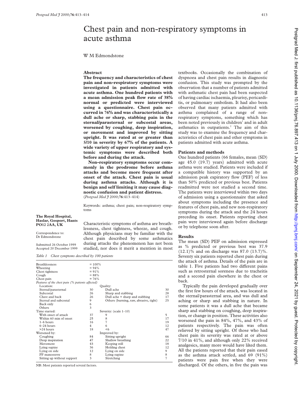 Chest Pain and Non-Respiratory Symptoms in Acute Asthma