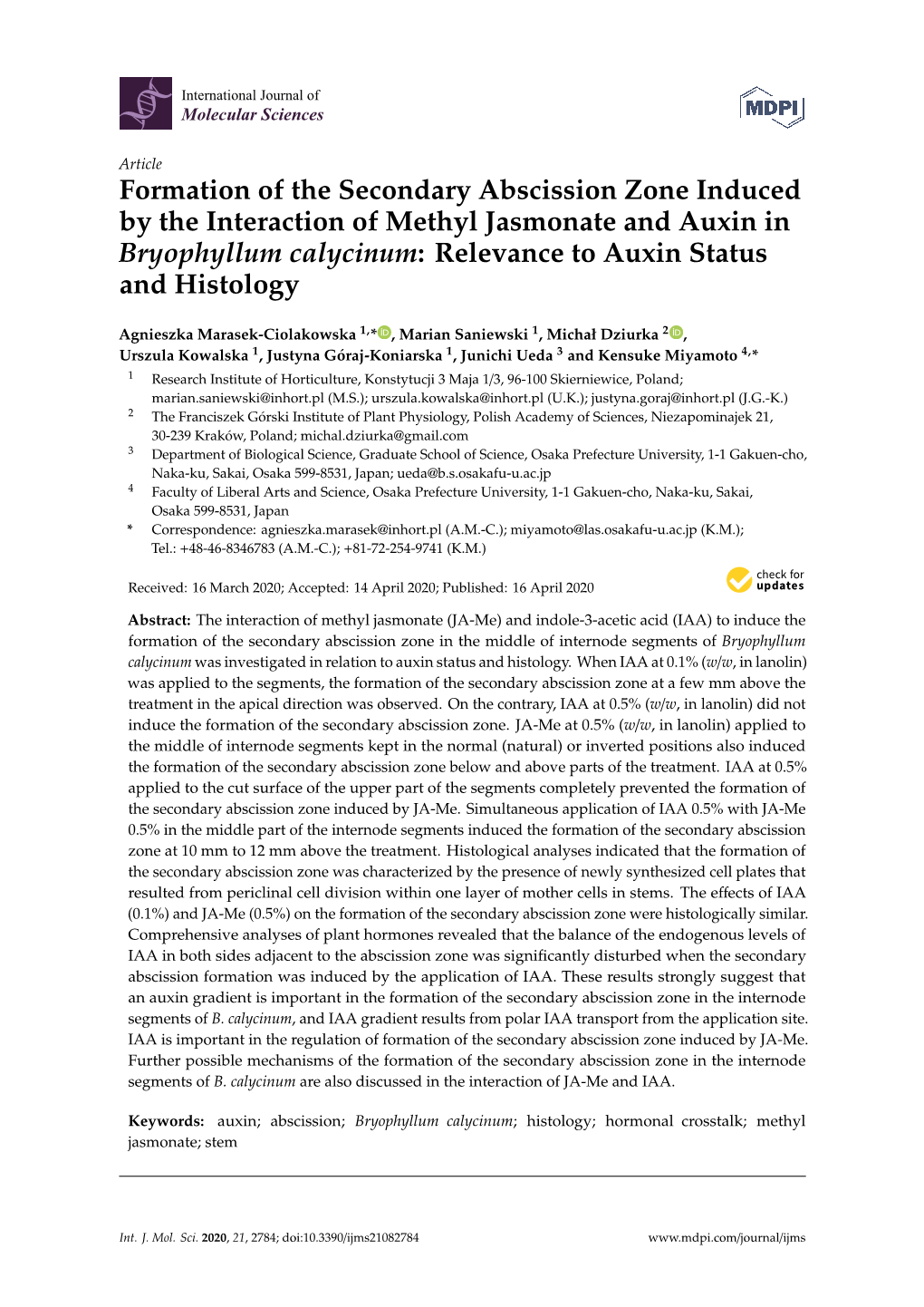 Formation of the Secondary Abscission Zone Induced by the Interaction of Methyl Jasmonate and Auxin in Bryophyllum Calycinum: Relevance to Auxin Status and Histology