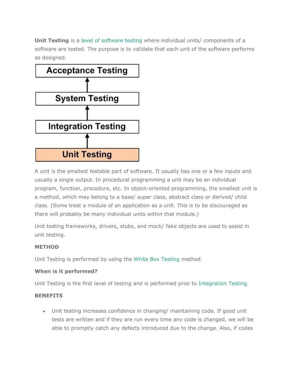 Unit Testing Is a Level of Software Testing Where Individual Units/ Components of a Software Are Tested. the Purpose Is to Valid