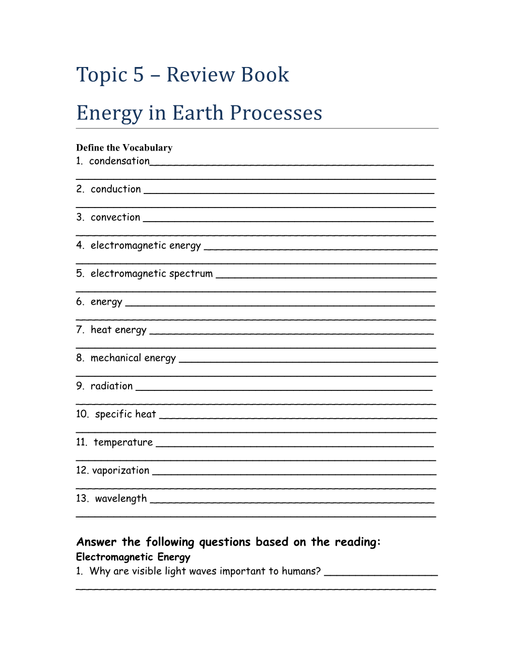 Topic 5 – Energy In Earth Processes