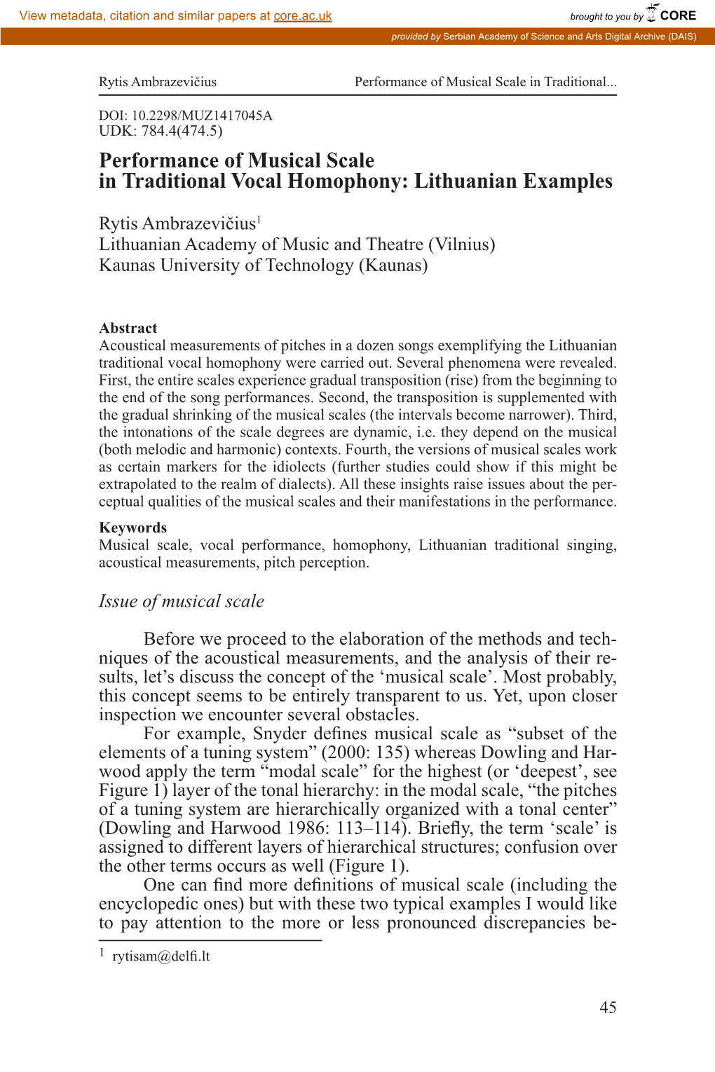 Performance of Musical Scale in Traditional Vocal Homophony: Lithuanian Examples