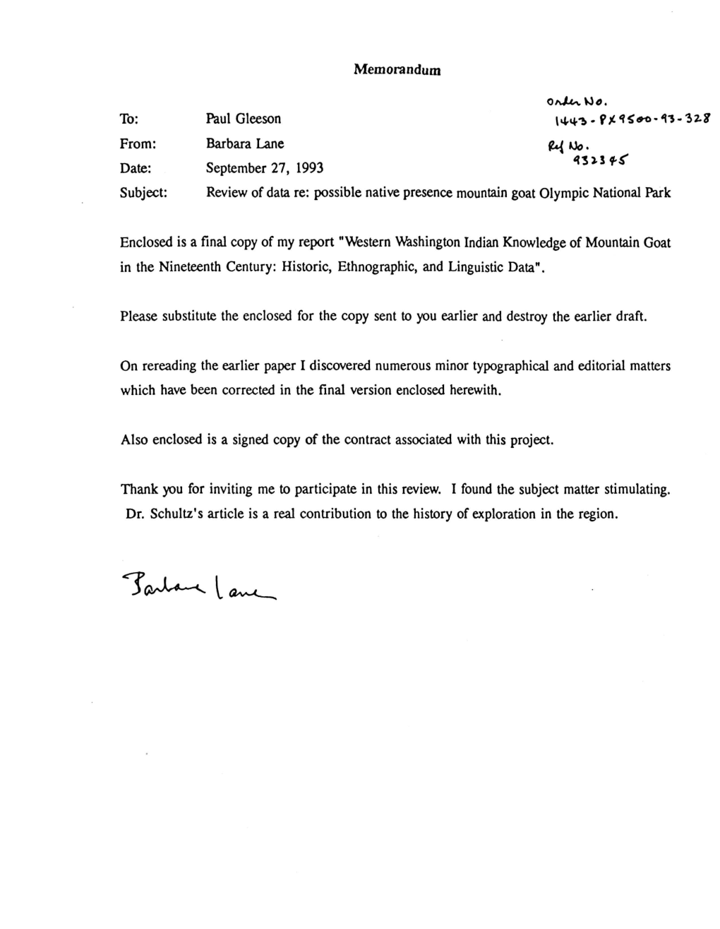 Barbara Lane Fc^Ido. Date: September 27, 1993 «3*Sfs' Subject: Review of Data Re: Possible Native Presence Mountain Goat Olympic National Park