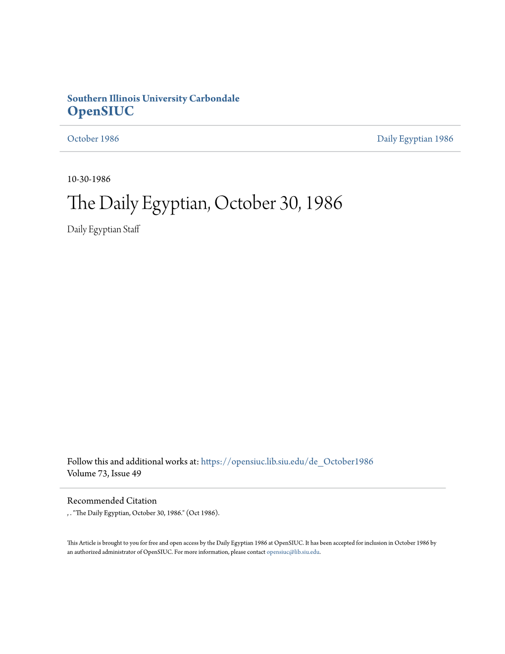 The Daily Egyptian, October 30, 1986