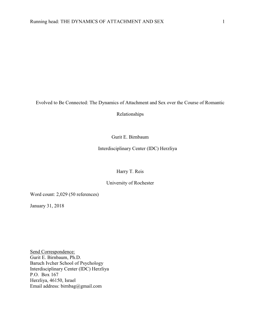 THE DYNAMICS of ATTACHMENT and SEX 1 Evolved to Be Connected