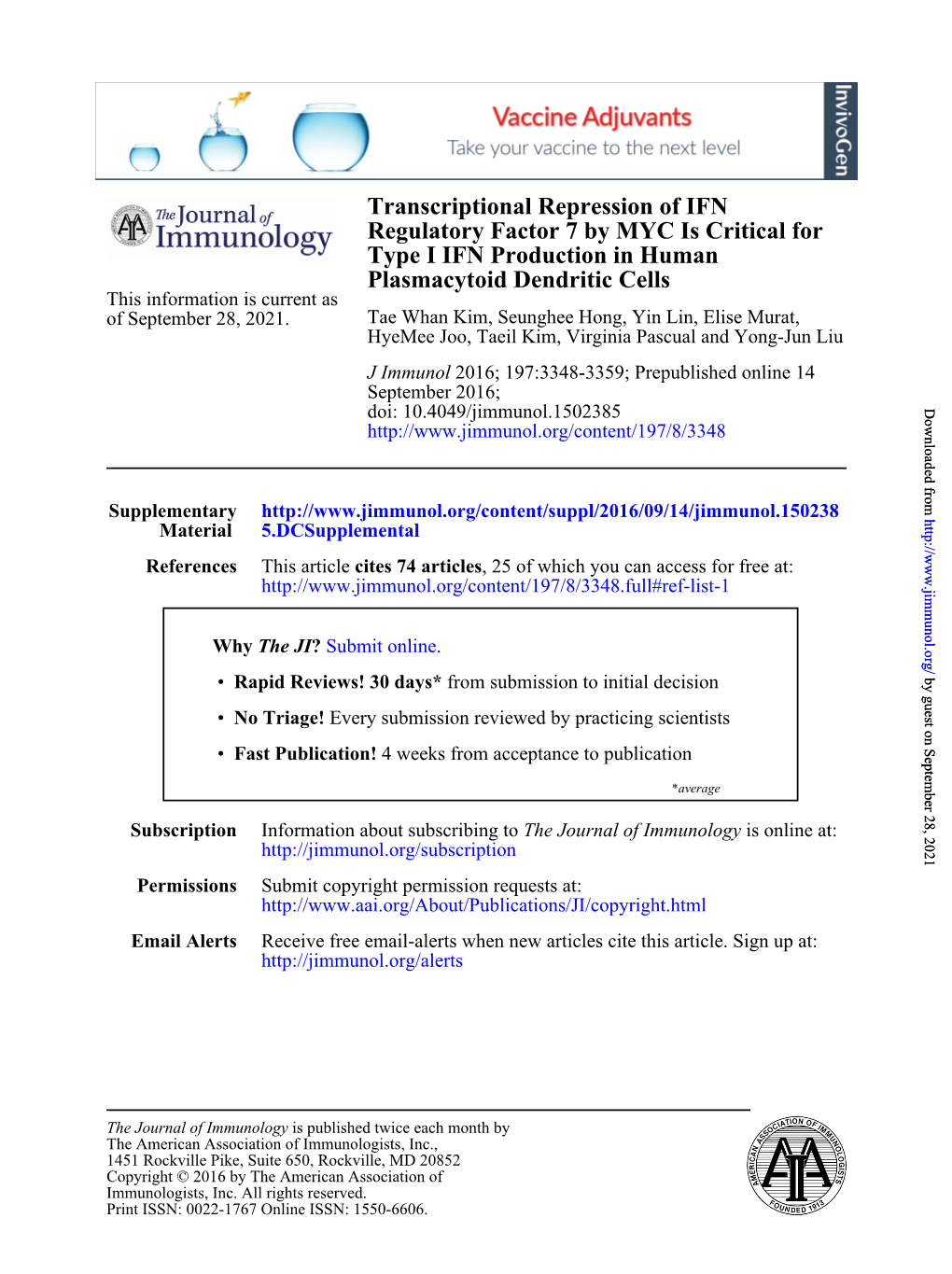 Transcriptional Repression of IFN Regulatory Factor 7 by MYC Is Critical for Type I IFN Production in Human Plasmacytoid Dendrit