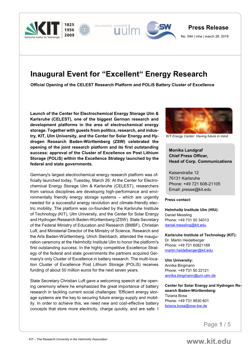 Inaugural Event for “Excellent“ Energy Research