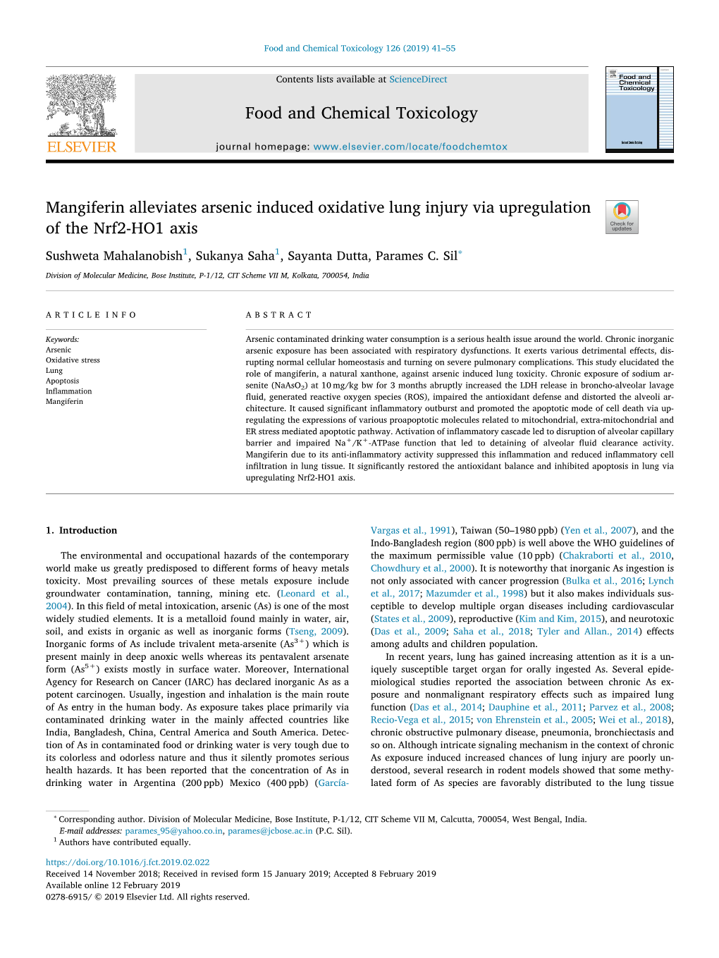 Mangiferin Alleviates Arsenic Induced Oxidative Lung Injury Via Upregulation of the Nrf2-HO1 Axis