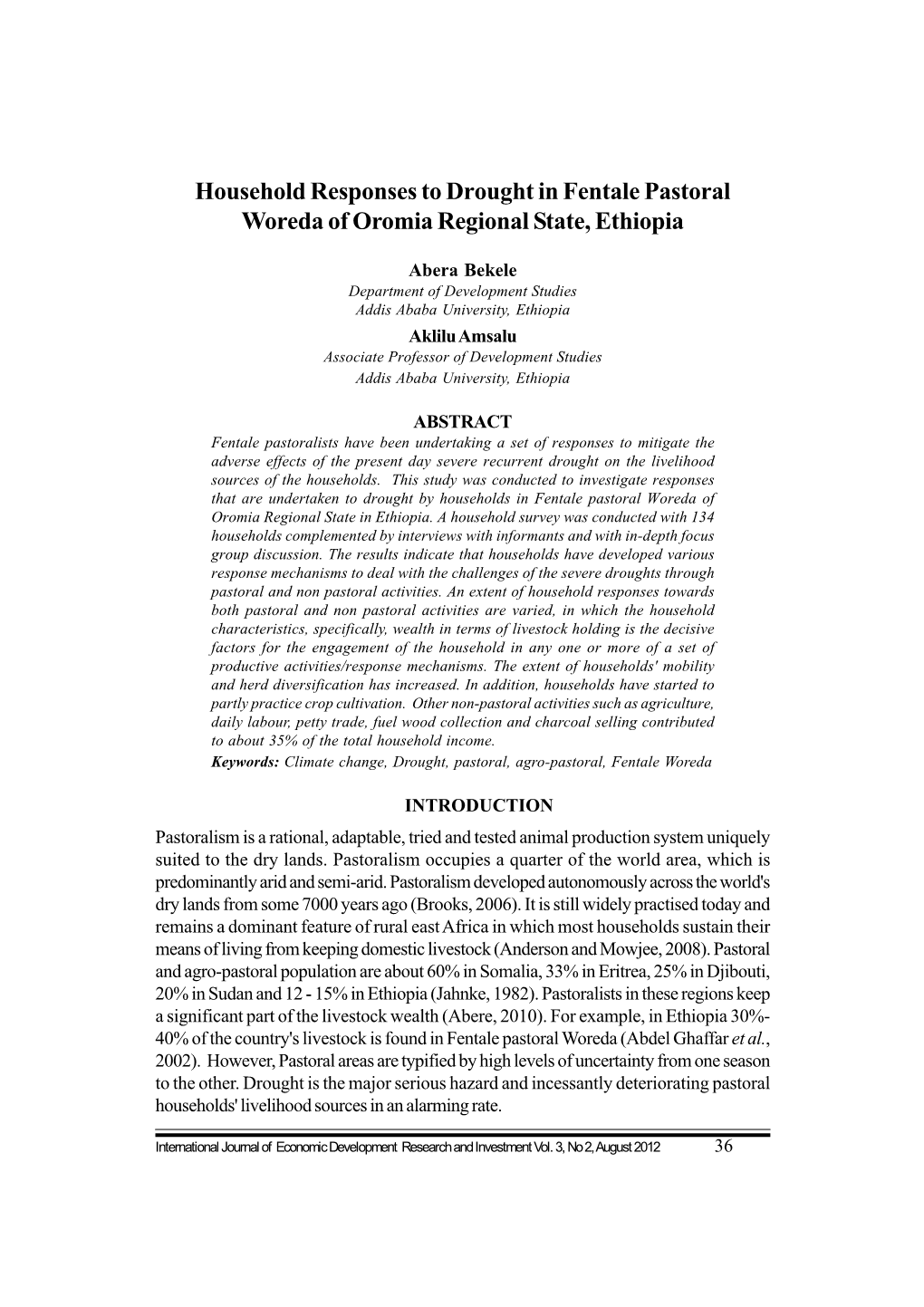 Household Responses to Drought in Fentale Pastoral Woreda of Oromia Regional State, Ethiopia