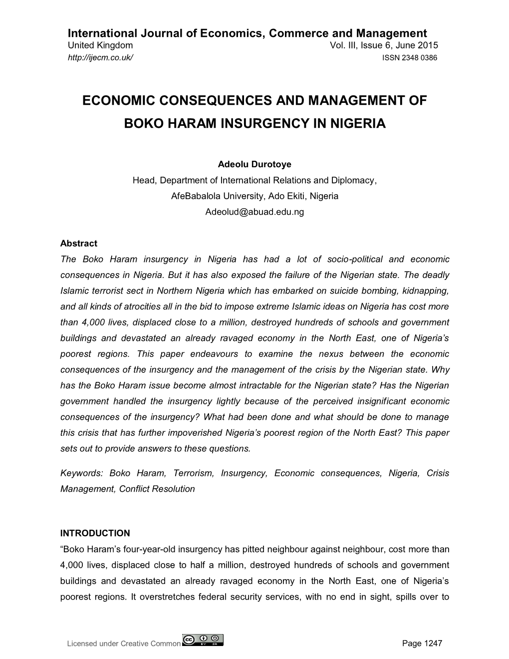 Economic Consequences and Management of Boko Haram Insurgency in Nigeria