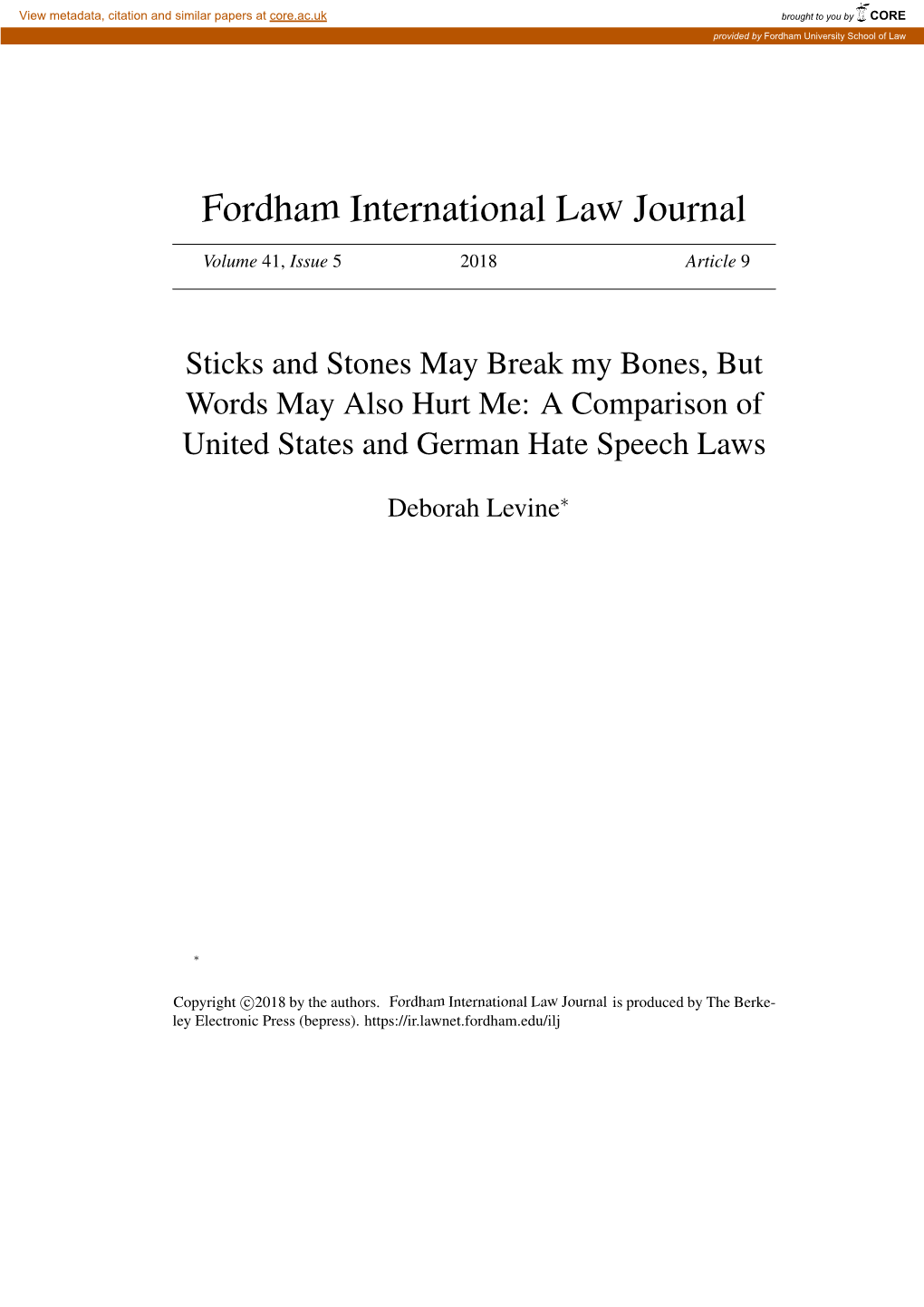 Sticks and Stones May Break My Bones, but Words May Also Hurt Me: a Comparison of United States and German Hate Speech Laws