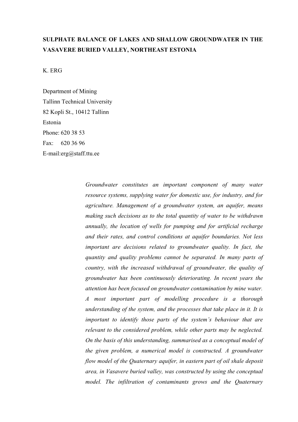 Sulphate Balance of Lakes and Shallow Groundwater in the Vasavere Buried Valley, Northeast Estonia