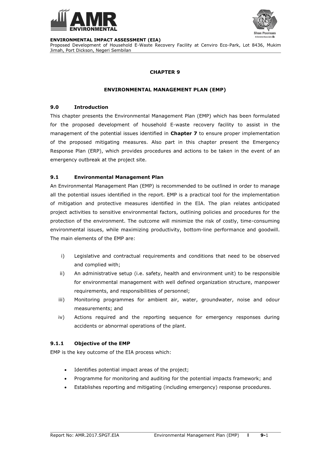 Chapter 9 Environmental Management Plan (Emp)