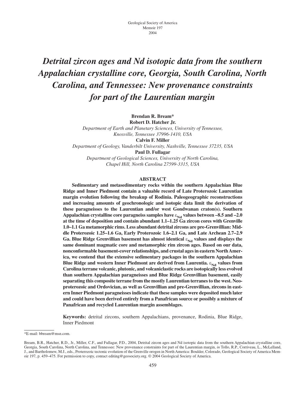 Detrital Zircon Ages and Nd Isotopic Data from the Southern Appalachian