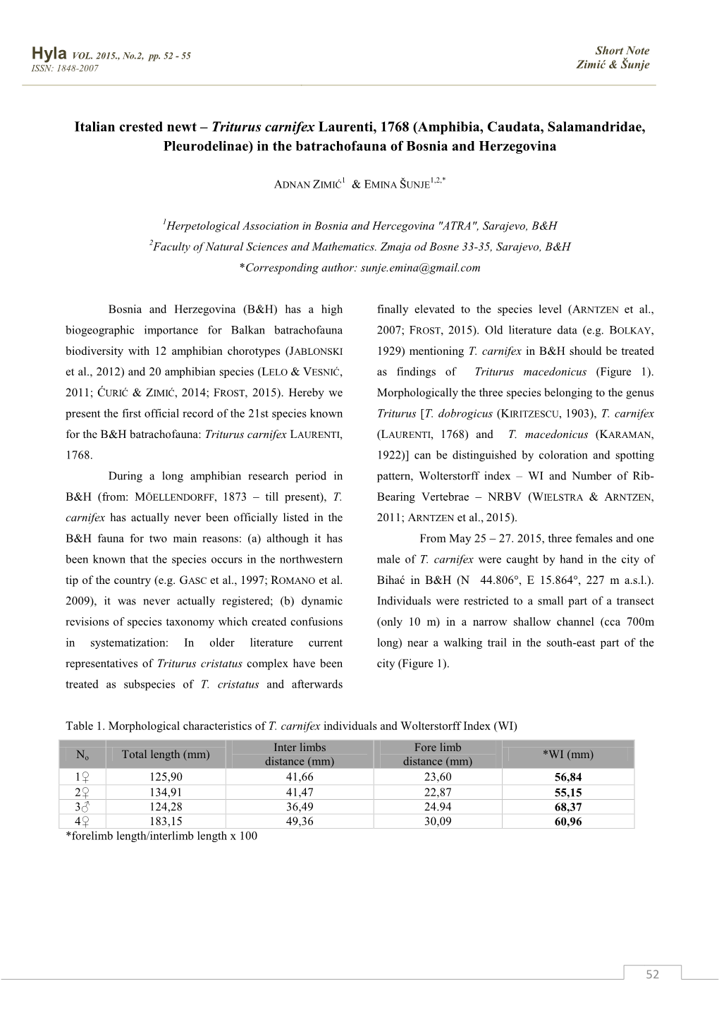 Italian Crested Newt – Triturus Carnifex Laurenti, 1768 (Amphibia, Caudata, Salamandridae, Pleurodelinae) in the Batrachofauna of Bosnia and Herzegovina