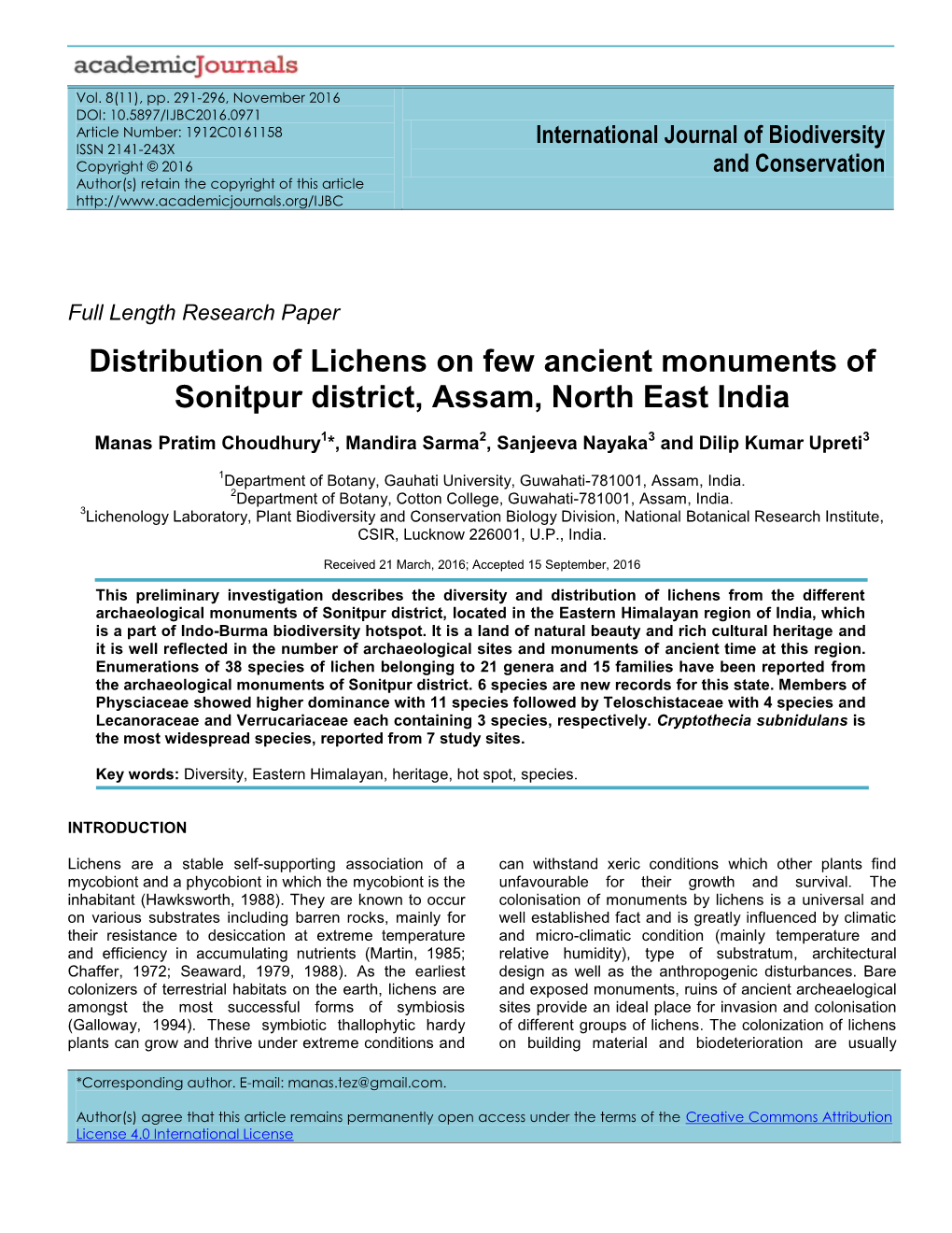 Distribution of Lichens on Few Ancient Monuments of Sonitpur District, Assam, North East India