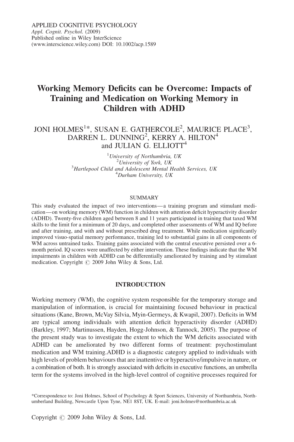 Impacts of Training and Medication on Working Memory in Children with ADHD