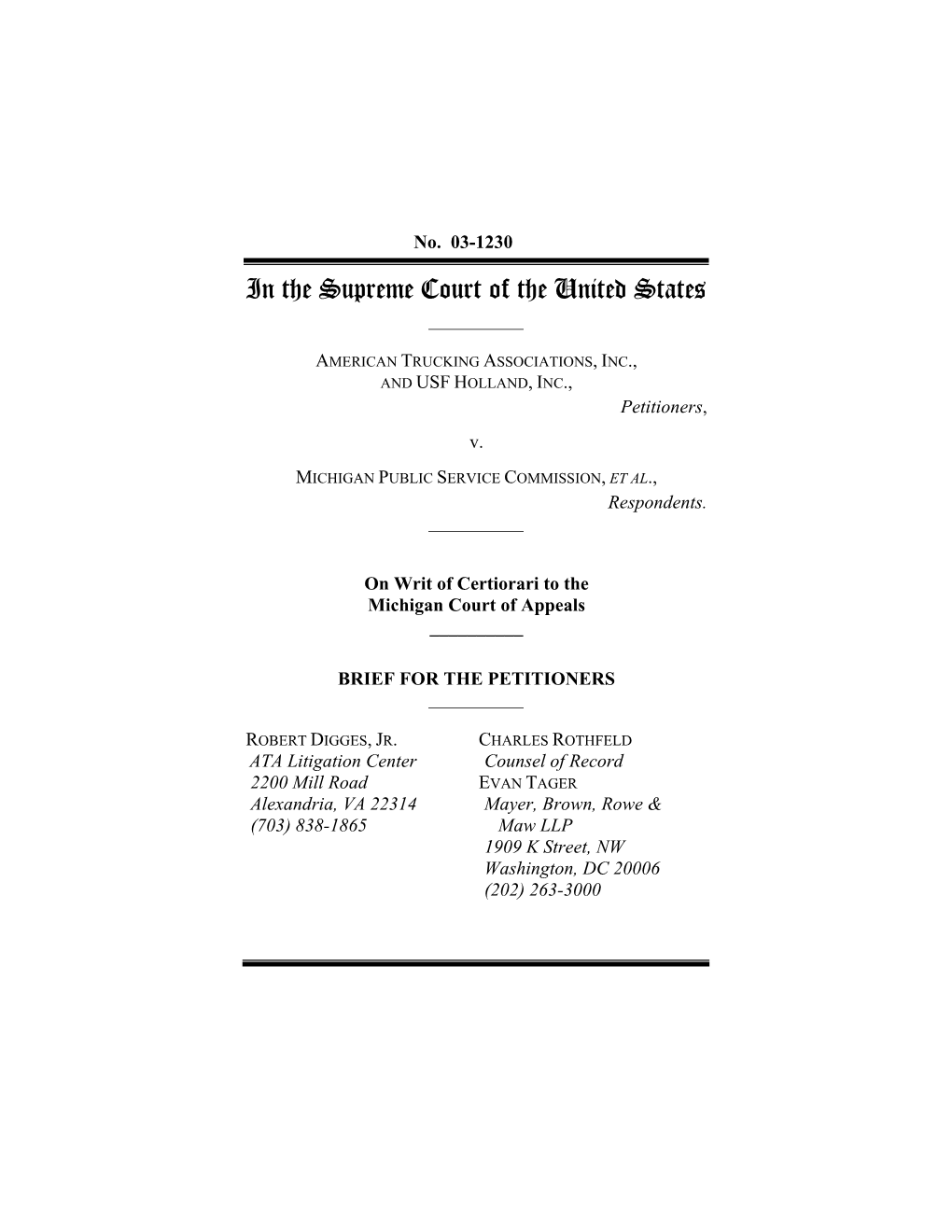 Petitioners' Brief in American Trucking Associations Et Al. V. Michigan Public Service Commission, Et Al., 03-1230