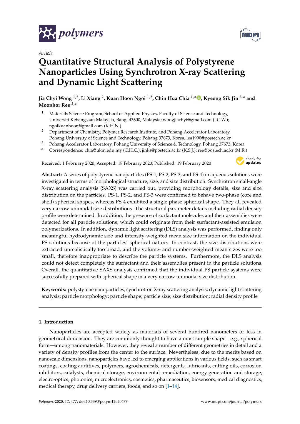 Quantitative Structural Analysis of Polystyrene Nanoparticles Using Synchrotron X-Ray Scattering and Dynamic Light Scattering