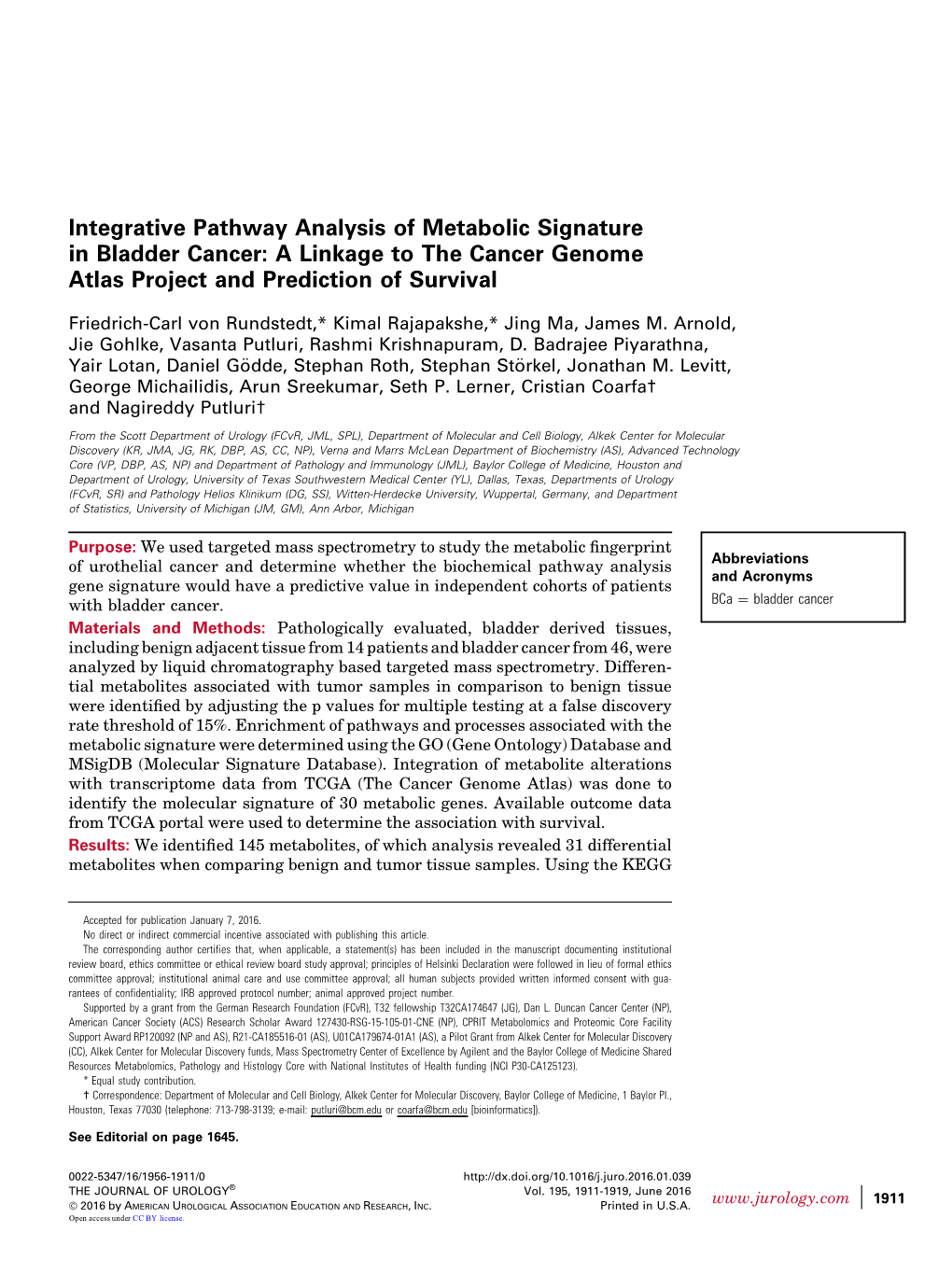 Integrative Pathway Analysis of Metabolic Signature in Bladder Cancer: a Linkage to the Cancer Genome Atlas Project and Prediction of Survival